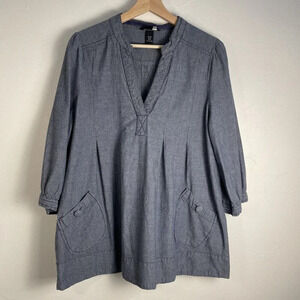 H&M Women’s Chambray Tunic Top Sz 16 Blue 100% Cotton Chore Prairie EUC